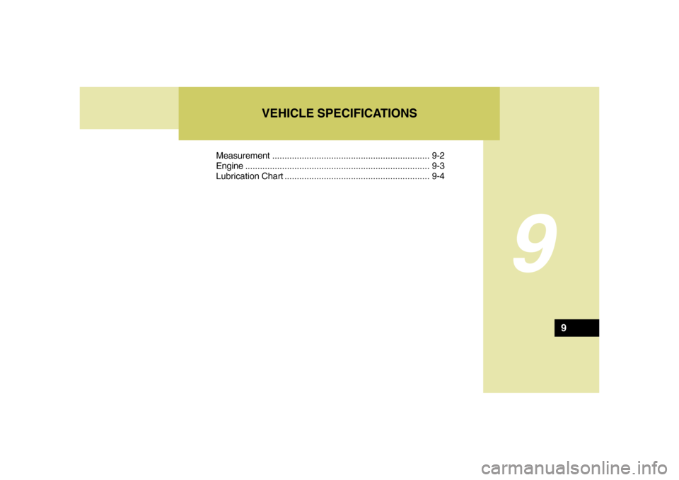 Hyundai Azera 2006  Owners Manual 9
Measurement ................................................................ 9-2
Engine...........................................................................9-3
Lubrication Chart ..............