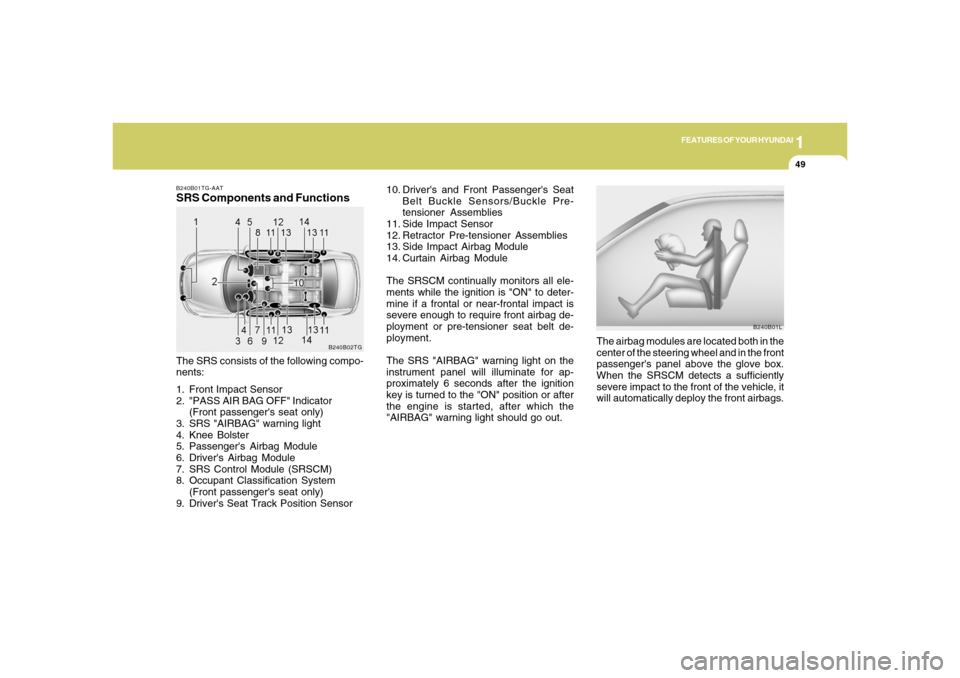 Hyundai Azera 2006 Repair Manual 1
FEATURES OF YOUR HYUNDAI
49
10. Drivers and Front Passengers Seat
Belt Buckle Sensors/Buckle Pre-
tensioner Assemblies
11. Side Impact Sensor
12. Retractor Pre-tensioner Assemblies
13. Side Impact
