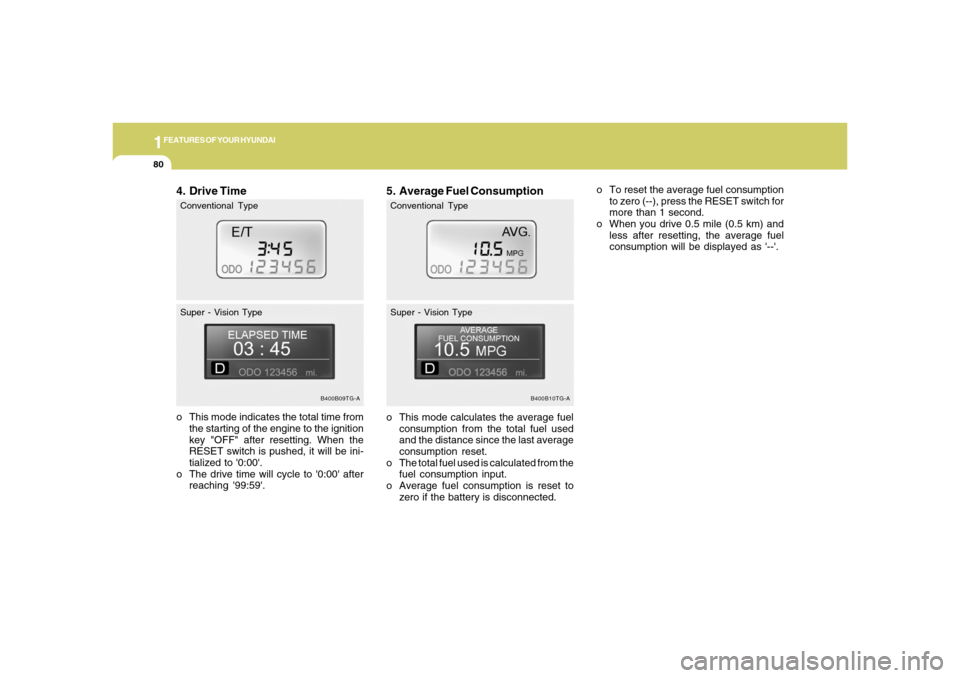 Hyundai Azera 2006 Owners Manual 1FEATURES OF YOUR HYUNDAI80
4. Drive Timeo This mode indicates the total time from
the starting of the engine to the ignition
key "OFF" after resetting. When the
RESET switch is pushed, it will be ini