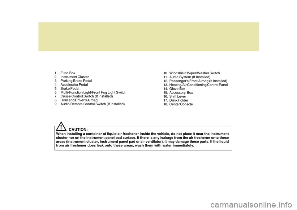 Hyundai Azera 2005 User Guide 1. Fuse Box 
2. Instrument Cluster
3. Parking Brake Pedal 
4. Accelerator Pedal 
5. Brake Pedal
6. Multi-Function Light/Front Fog Light Switch 
7. Cruise Control Switch (If Installed) 
8. Horn and Dri