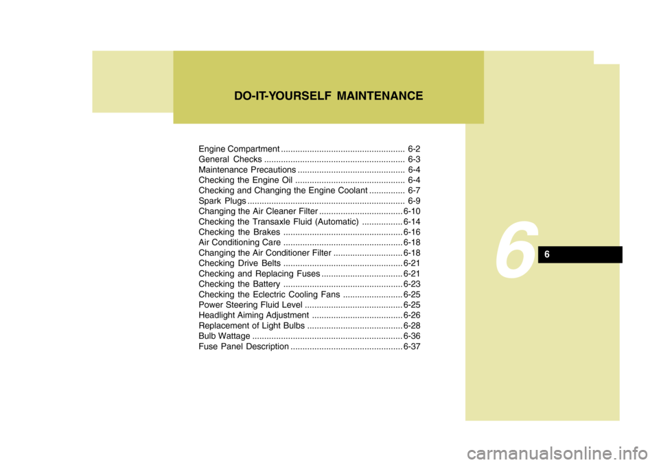 Hyundai Azera 2005  Owners Manual Engine Compartment .................................................... 6-2 
General Checks ........................................................... 6-3
Maintenance Precautions ....................