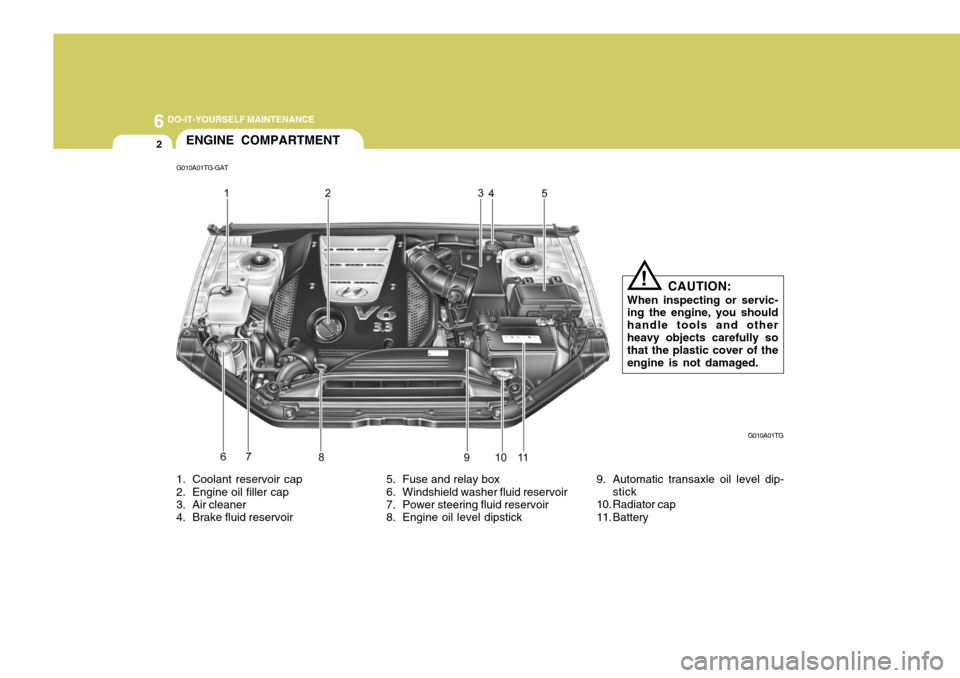 Hyundai Azera 2005  Owners Manual 6 DO-IT-YOURSELF MAINTENANCE
2
G010A01TG-GATENGINE COMPARTMENT
G010A01TG
CAUTION:
When inspecting or servic- ing the engine, you should handle tools and otherheavy objects carefully so that the plasti