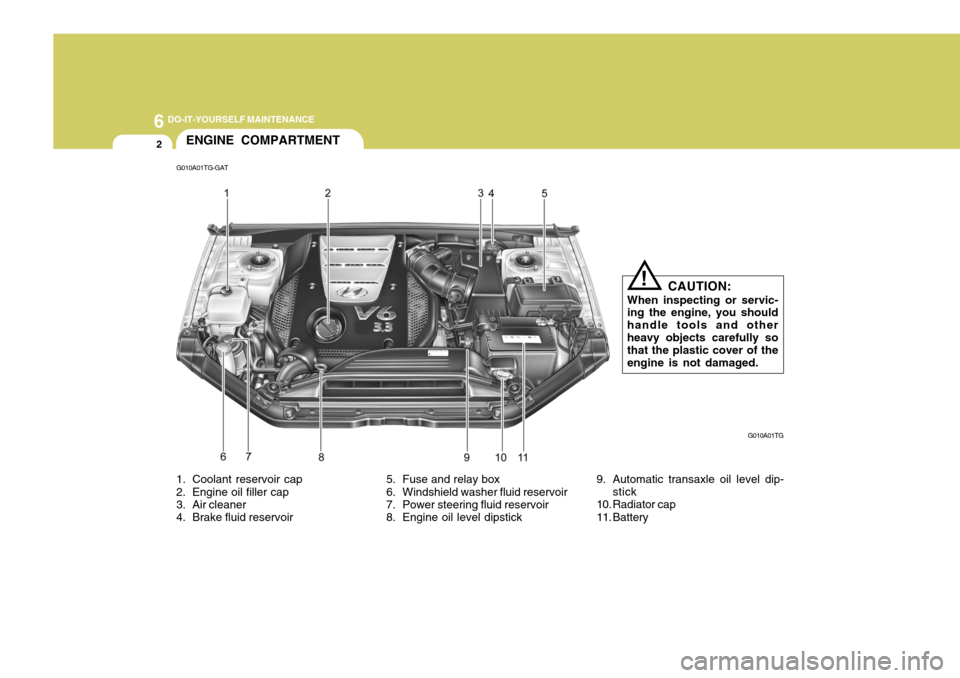 Hyundai Azera 2005 Owners Manual 6 DO-IT-YOURSELF MAINTENANCE
2
G010A01TG-GATENGINE COMPARTMENT
G010A01TG
CAUTION:
When inspecting or servic- ing the engine, you should handle tools and otherheavy objects carefully so that the plasti Hyundai Azera 2005 Owners Manual 6 DO-IT-YOURSELF MAINTENANCE
2
G010A01TG-GATENGINE COMPARTMENT
G010A01TG
CAUTION:
When inspecting or servic- ing the engine, you should handle tools and otherheavy objects carefully so that the plasti