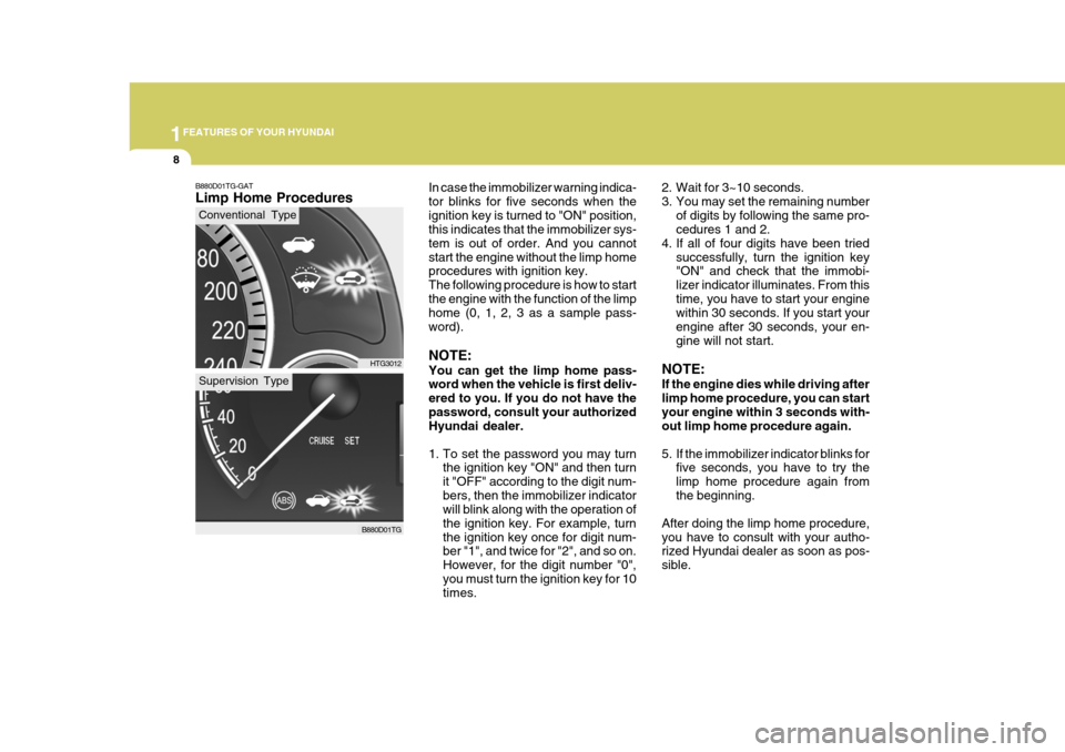 Hyundai Azera 2005 Owners Guide 1FEATURES OF YOUR HYUNDAI
8
B880D01TG-GAT Limp Home Procedures 2. Wait for 3~10 seconds. 
3. You may set the remaining number
of digits by following the same pro- cedures 1 and 2.
4. If all of four di