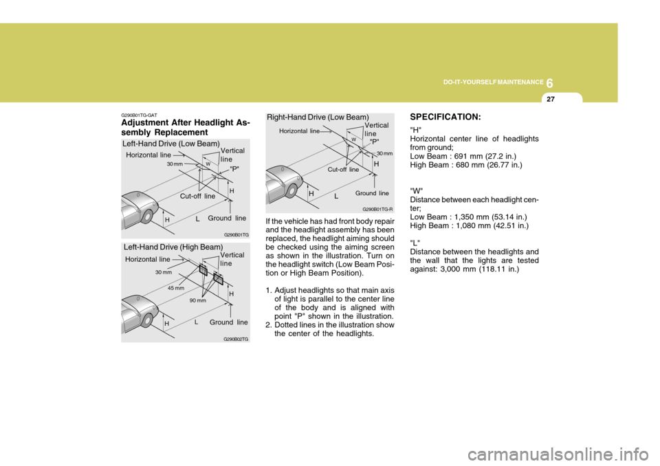 Hyundai Azera 2005  Owners Manual 6
DO-IT-YOURSELF MAINTENANCE
27
G290B01TG-GAT
Adjustment After Headlight As- sembly Replacement
G290B01TG
Left-Hand Drive (Low Beam)
G290B01TG-R
Right-Hand Drive (Low Beam)
If the vehicle has had fron