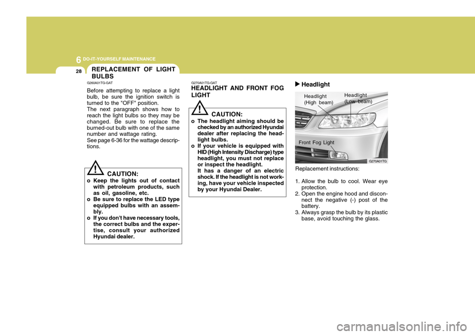 Hyundai Azera 2005  Owners Manual 6 DO-IT-YOURSELF MAINTENANCE
28
Replacement instructions:
1. Allow the bulb to cool. Wear eye protection.
2. Open the engine hood and discon- nect the negative (-) post of the battery.
3. Always grasp