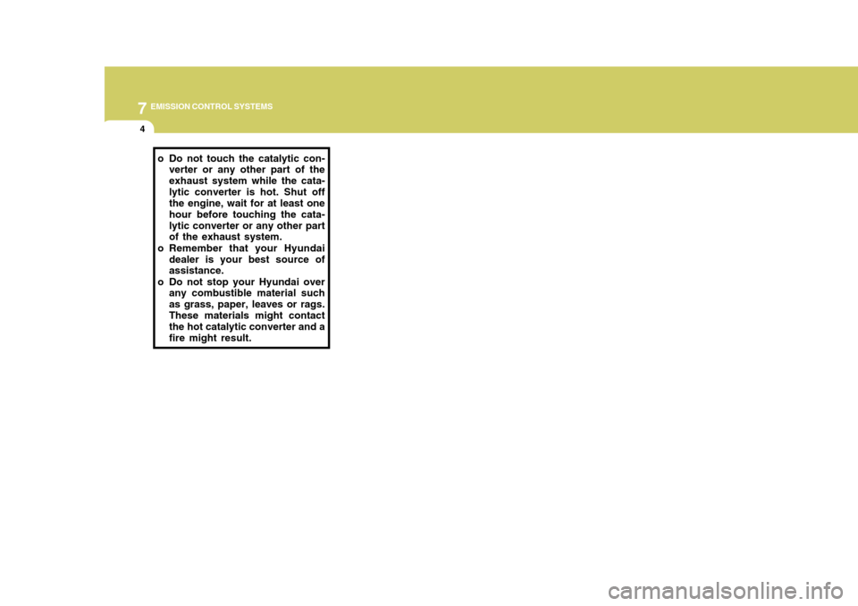 Hyundai Azera 2005  Owners Manual 7EMISSION CONTROL SYSTEMS
4
o Do not touch the catalytic con-
verter or any other part of the exhaust system while the cata-lytic converter is hot. Shut off the engine, wait for at least one hour befo