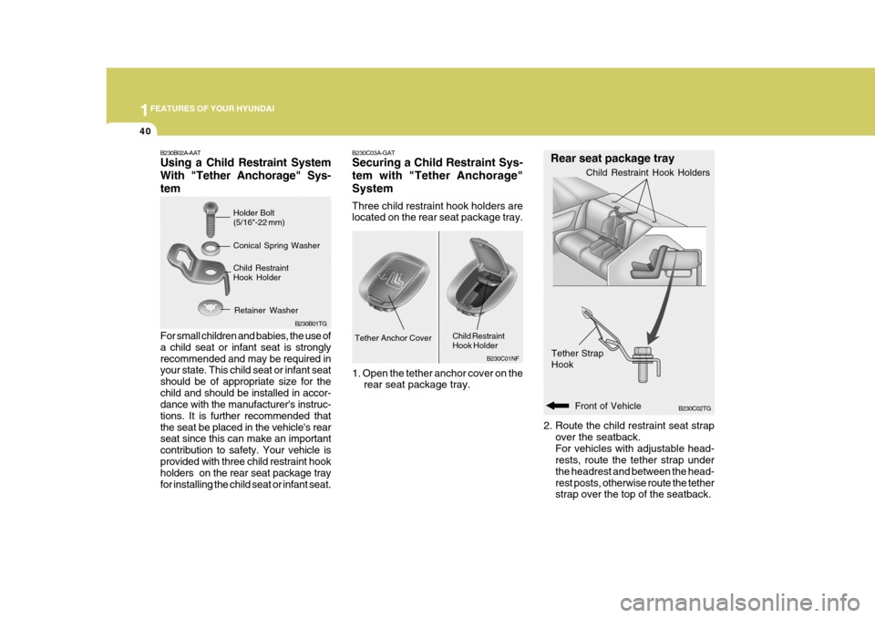 Hyundai Azera 2005 Workshop Manual 1FEATURES OF YOUR HYUNDAI
40
B230C02TG
Rear seat package tray
Tether Strap Hook
Front of Vehicle
2. Route the child restraint seat strap
over the seatback. For vehicles with adjustable head- rests, ro Hyundai Azera 2005 Workshop Manual 1FEATURES OF YOUR HYUNDAI
40
B230C02TG
Rear seat package tray
Tether Strap Hook
Front of Vehicle
2. Route the child restraint seat strap
over the seatback. For vehicles with adjustable head- rests, ro