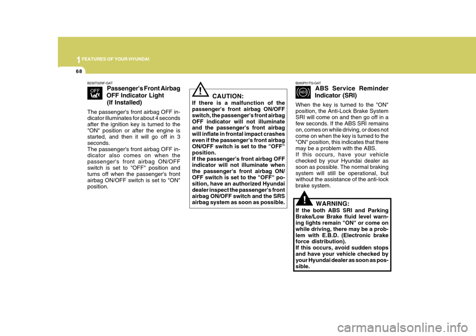 Hyundai Azera 2005  Owners Manual 1FEATURES OF YOUR HYUNDAI
68
!
B260P01TG-GAT
ABS Service Reminder
Indicator (SRI)
When the key is turned to the "ON" position, the Anti-Lock Brake SystemSRI will come on and then go off in a few secon