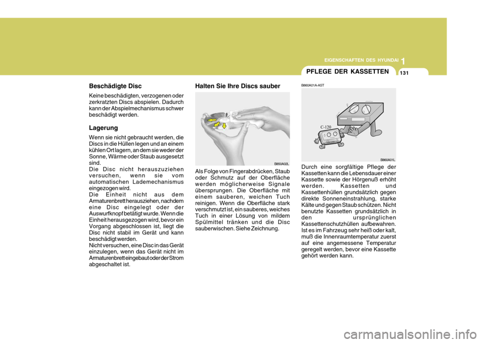 Hyundai Azera 2005 Betriebsanleitung (in German) 1
EIGENSCHAFTEN DES HYUNDAI
131
1
EIGENSCHAFTEN DES HYUNDAI
131
1
EIGENSCHAFTEN DES HYUNDAI
131PFLEGE DER KASSETTEN
Durch eine sorgfältige Pflege der Kassetten kann die Lebensdauer einer Kassette sow Hyundai Azera 2005 Betriebsanleitung (in German) 1
EIGENSCHAFTEN DES HYUNDAI
131
1
EIGENSCHAFTEN DES HYUNDAI
131
1
EIGENSCHAFTEN DES HYUNDAI
131PFLEGE DER KASSETTEN
Durch eine sorgfältige Pflege der Kassetten kann die Lebensdauer einer Kassette sow