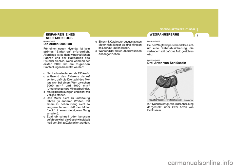 Hyundai Azera 2005  Betriebsanleitung (in German) 1
EIGENSCHAFTEN DES HYUNDAI
3EINFAHREN EINES NEUFAHRZEUGS
B020A01S-GST Die ersten 2000 km Für einen neuen Hyundai ist kein striktes "Einfahren" erforderlich.Allerdings ist es dem wirtschaftlichen Fah