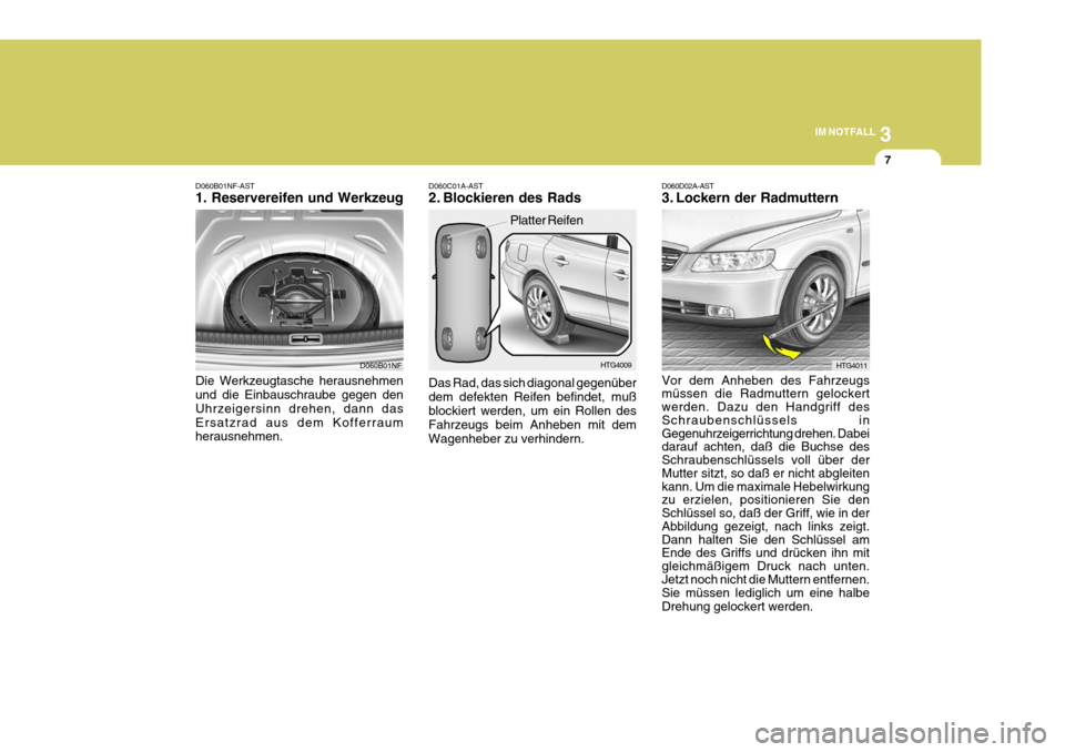 Hyundai Azera 2005 Betriebsanleitung (in German) 3
IM NOTFALL
7
D060B01NF
HTG4009
Platter Reifen
D060B01NF-AST 1. Reservereifen und Werkzeug Die Werkzeugtasche herausnehmen und die Einbauschraube gegen den Uhrzeigersinn drehen, dann dasErsatzrad aus Hyundai Azera 2005 Betriebsanleitung (in German) 3
IM NOTFALL
7
D060B01NF
HTG4009
Platter Reifen
D060B01NF-AST 1. Reservereifen und Werkzeug Die Werkzeugtasche herausnehmen und die Einbauschraube gegen den Uhrzeigersinn drehen, dann dasErsatzrad aus