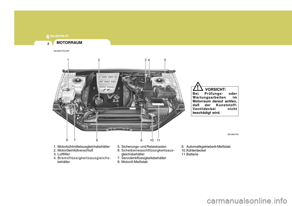 Hyundai Azera 2005 Betriebsanleitung (in German) 6SELBSTHILFE
2MOTORRAUM
G010A01TG
G010A01TG-GST
5. Sicherungs- und Relaiskasten
6. Scheibenwaschflüssigkeitsaus-gleichsbehälter
7. Servolenkflüssigkeitsbehälter
8. Motoröl-Meßstab
1. Motorkühl Hyundai Azera 2005 Betriebsanleitung (in German) 6SELBSTHILFE
2MOTORRAUM
G010A01TG
G010A01TG-GST
5. Sicherungs- und Relaiskasten
6. Scheibenwaschflüssigkeitsaus-gleichsbehälter
7. Servolenkflüssigkeitsbehälter
8. Motoröl-Meßstab
1. Motorkühl