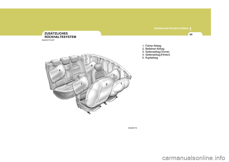Hyundai Azera 2005 Betriebsanleitung (in German) 1
EIGENSCHAFTEN DES HYUNDAI
45ZUSÄTZLICHES RÜCKHALTESYSTEM
1. Fahrer-Airbag
2. Beifahrer-Airbag
3. Seitenairbag (Vorne)
4. Seitenairbag (Hinten)
5. Kopfairbag
B240D01TG
B240D01TG-GST Hyundai Azera 2005 Betriebsanleitung (in German) 1
EIGENSCHAFTEN DES HYUNDAI
45ZUSÄTZLICHES RÜCKHALTESYSTEM
1. Fahrer-Airbag
2. Beifahrer-Airbag
3. Seitenairbag (Vorne)
4. Seitenairbag (Hinten)
5. Kopfairbag
B240D01TG
B240D01TG-GST