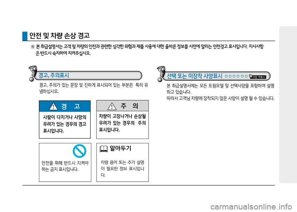 Hyundai Blue City 2017  블루시티 - 사용 설명서 (in Korean) 사람이 다치거나  사망의  
우려가  있는  경우의  경고  
표시입니다 .
경       고  주
      의
8