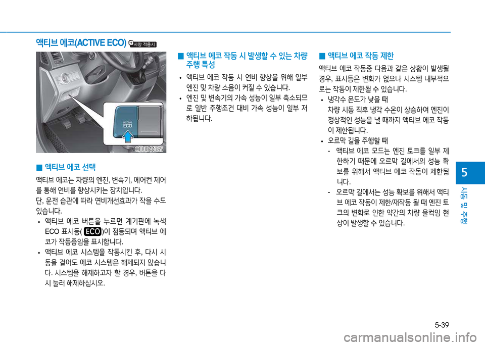 Hyundai Blue City 2017  블루시티 - 사용 설명서 (in Korean) 5-39
시동 및 주행
자
액티브 에코 (ACTIVE ECO) 
 
0  
액티브  에코  4동  /d  (