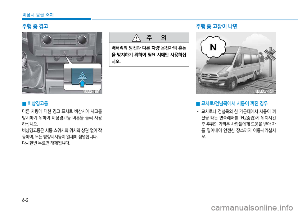 Hyundai Blue City 2017  블루시티 - 사용 설명서 (in Korean) 6-2
비상시 응급 조치
주B 중  경고 주B 중  고장이  나면
    주
        의
(
