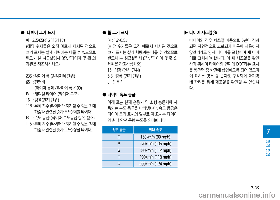 Hyundai Blue City 2017  블루시티 - 사용 설명서 (in Korean) 7-39
정기 점검
7
 
●  타이어  크기  표/d
  예 : 속3자 /작자 R소작  소소자 /소소3 T
 ( 해당  숫4들은  2