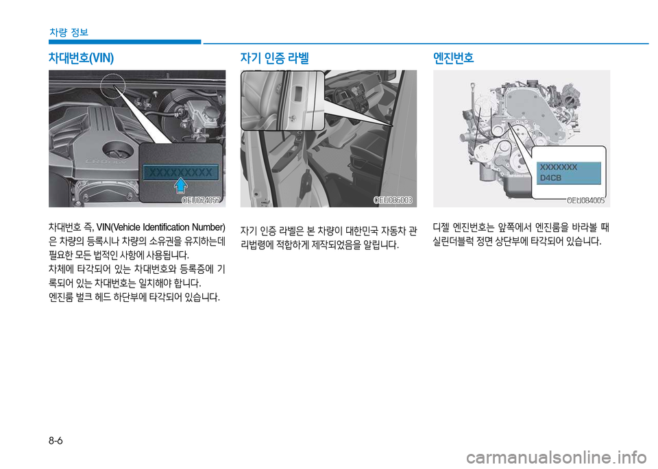 Hyundai Blue City 2017  블루시티 - 사용 설명서 (in Korean) 8-6
차량 정보
차대번호(VIN)
OEU074057OEU074057
엔진번호
4기  인증  라벨
OEU086003OEU086003OEU084005OEU084005
차대번호  즉 , VIN(Vehicle Identification Number)
은  차량의  