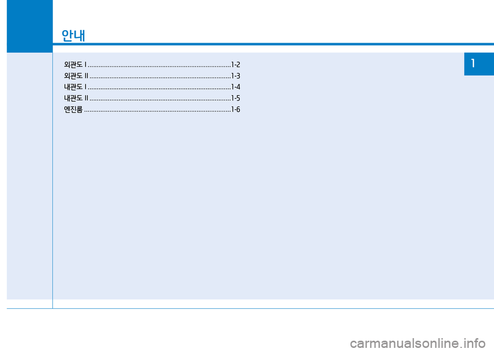Hyundai Blue City 2017  블루시티 - 사용 설명서 (in Korean) 안내
외관도 I ............................................................................... 1-2
외관도  II .............................................................................. 1-3
