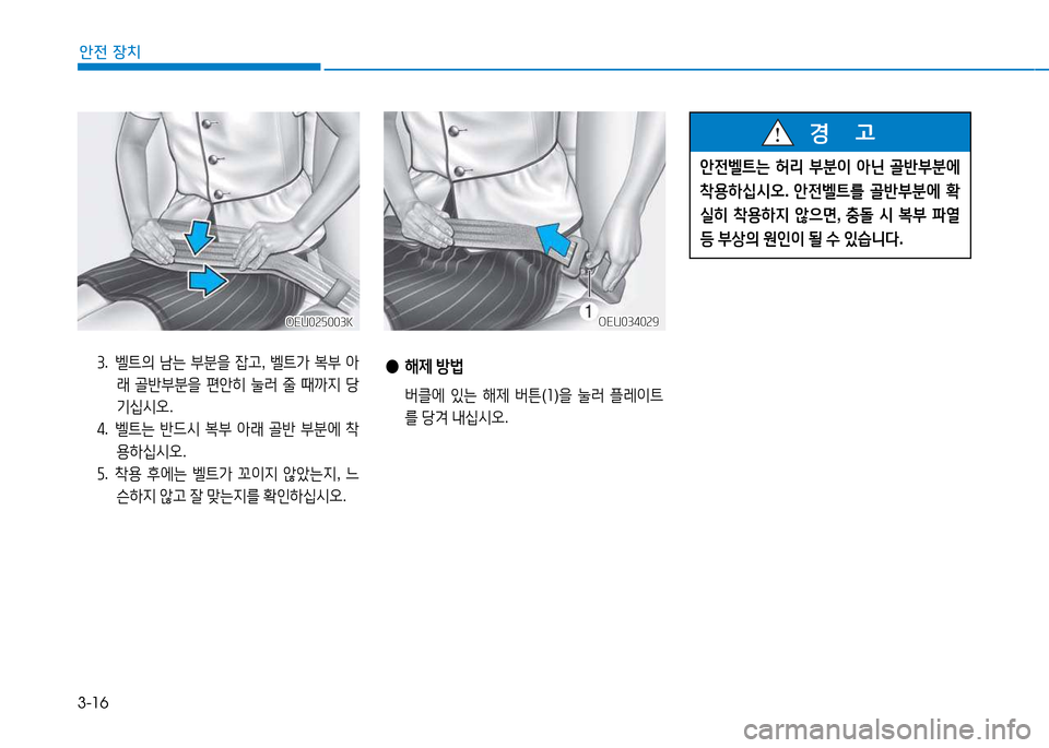 Hyundai Blue City 2017  블루시티 - 사용 설명서 (in Korean) 3-16
안전 장치
 
● 해제  방)
  버클에  있는  해제  버튼 (소 )을  눌$t  플$