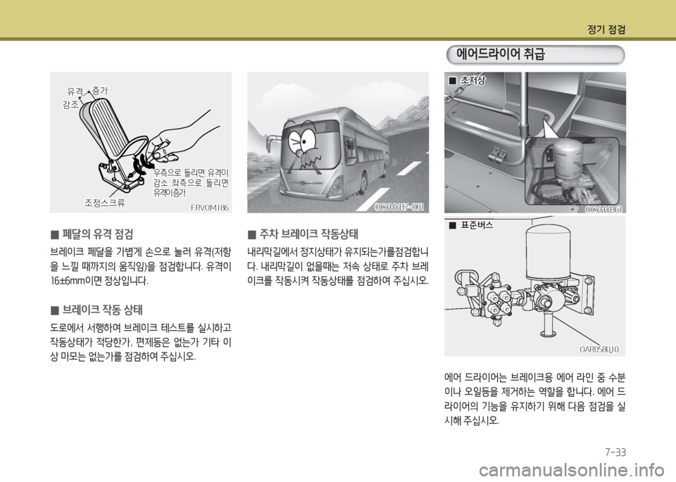 Hyundai Blue City 2016  블루시티 - 사용 설명서 (in Korean) 정기 점검
7-33
 0페달의 유격 점검
브레이크 페달을 가볍게 손으로 눌러 유격(저항
을 느낄 때까지의 움직임)을 점검합니다. 유격이 
16±6mm이면 정상입