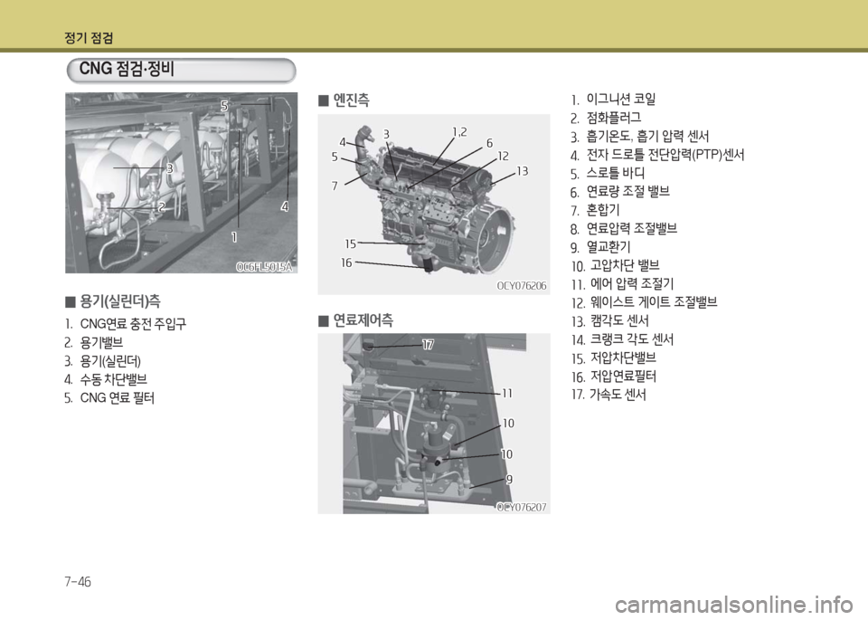 Hyundai Blue City 2016  블루시티 - 사용 설명서 (in Korean) 정기 점검
7-46
OC6FL5015AOC6FL5015A
 0용기(실린더)측
1.  C N G연료 충전 주입구
2. 용기밸브
3. 용기(실린더)
4. 수동 차단밸브
5.  C N G  연료 필터
22
33
11
44
55
CNG