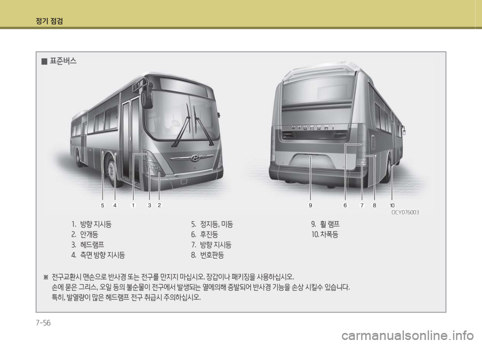 Hyundai Blue City 2016  블루시티 - 사용 설명서 (in Korean) 정기 점검
7-56
※   전구교환시 맨손으로 반사경 또는 전구를 만지지 마십시오. 장갑이나 패키징을 사용하십시오.
     손에 묻은 그리스, 오일 등의 불