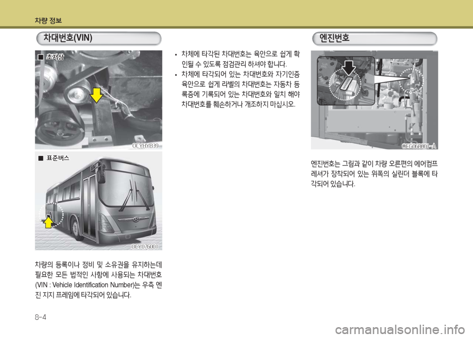 Hyundai Blue City 2016  블루시티 - 사용 설명서 (in Korean) 차량 정보
8-4
차량의 등록이나 정비 및 소유권을 유지하는데 
필요한 모든 법적인 사항에 사용되는 차대번호
(VIN : Vehicle Identification Number)는 우측 엔
진