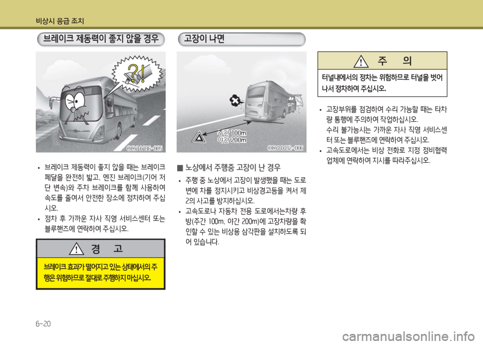 Hyundai Blue City 2016  블루시티 - 사용 설명서 (in Korean) 비상시 응급 조치
6-20
OCYHYB6-005OCYHYB6-005
 •브레이크 제동력이 좋지 않을 때는 브레이크 
페달을 완전히 밟고, 엔진 브레이크(기어 저
단 변속)와 주차 