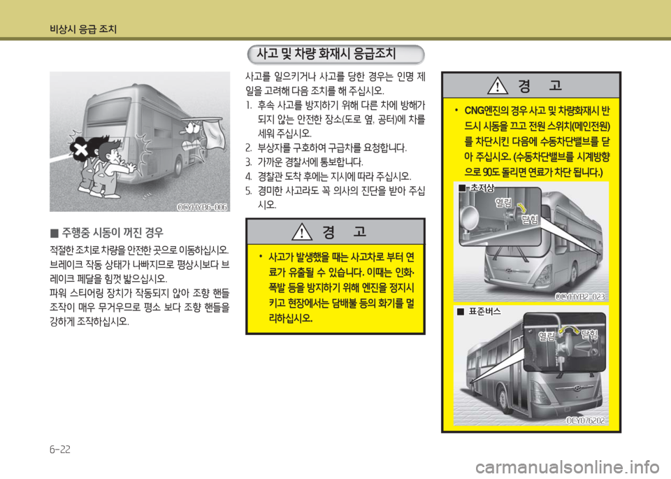 Hyundai Blue City 2016  블루시티 - 사용 설명서 (in Korean) 비상시 응급 조치
6-22
 •CNG엔진의 경우 사고 및 차량화재시 반
드시 시동을 끄고 전원 스위치(메인전원)
를 차단시킨 다음에 수동차단밸브를 닫
아 주