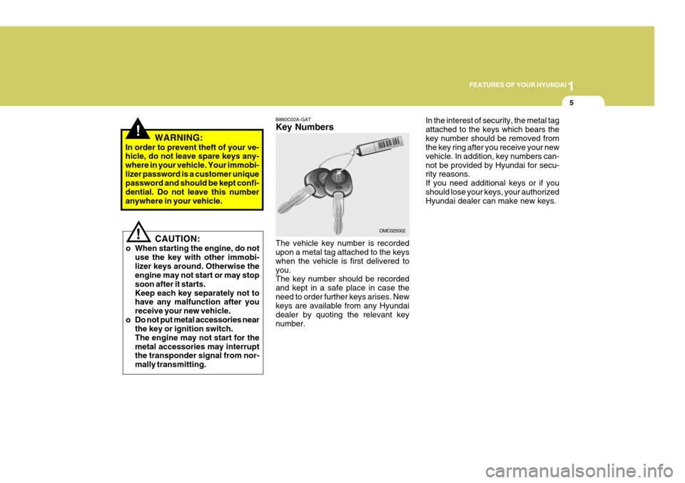 Hyundai Coupe 2008 User Guide 1
FEATURES OF YOUR HYUNDAI
5
B880C02A-GAT Key Numbers The vehicle key number is recorded upon a metal tag attached to the keys when the vehicle is first delivered toyou. The key number should be recor Hyundai Coupe 2008 User Guide 1
FEATURES OF YOUR HYUNDAI
5
B880C02A-GAT Key Numbers The vehicle key number is recorded upon a metal tag attached to the keys when the vehicle is first delivered toyou. The key number should be recor