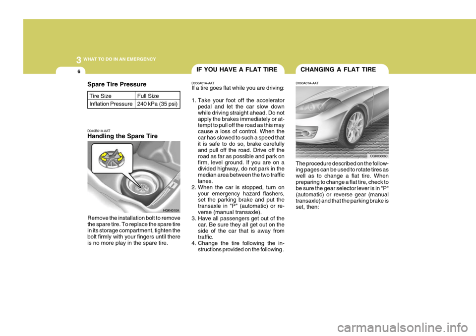 Hyundai Coupe 2008  Owners Manual 3 WHAT TO DO IN AN EMERGENCY
6
D040B01A-AAT Handling the Spare Tire Remove the installation bolt to remove the spare tire. To replace the spare tire in its storage compartment, tighten the bolt firmly