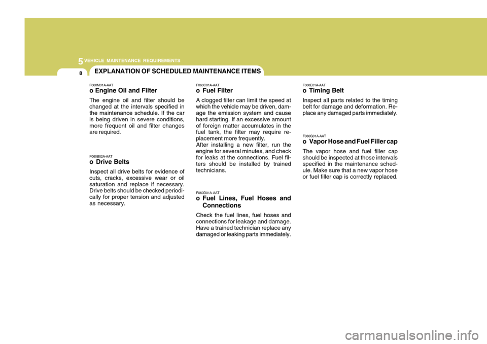 Hyundai Coupe 2008  Owners Manual 5VEHICLE MAINTENANCE REQUIREMENTS
8EXPLANATION OF SCHEDULED MAINTENANCE ITEMS
F060M01A-AAT o Engine Oil and Filter The engine oil and filter should be changed at the intervals specified in the mainten