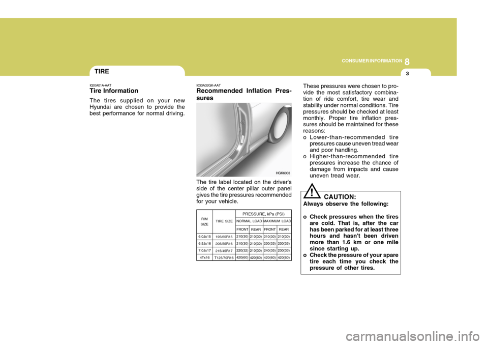 Hyundai Coupe 2008  Owners Manual 8
CONSUMER INFORMATION
3
!
TIRE
I020A01A-AAT
Tire Information
The tires supplied on your new
Hyundai are chosen to provide the best performance for normal driving. I030A02GK-AAT Recommended Inflation 