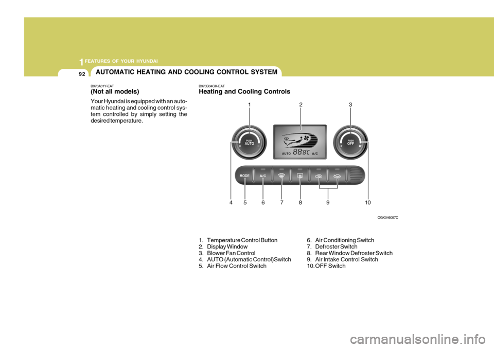 Hyundai Coupe 2008 Owners Manual 1FEATURES OF YOUR HYUNDAI
92AUTOMATIC HEATING AND COOLING CONTROL SYSTEM
B970A01Y-EAT (Not all models) Your Hyundai is equipped with an auto- matic heating and cooling control sys-tem controlled by si Hyundai Coupe 2008 Owners Manual 1FEATURES OF YOUR HYUNDAI
92AUTOMATIC HEATING AND COOLING CONTROL SYSTEM
B970A01Y-EAT (Not all models) Your Hyundai is equipped with an auto- matic heating and cooling control sys-tem controlled by si
