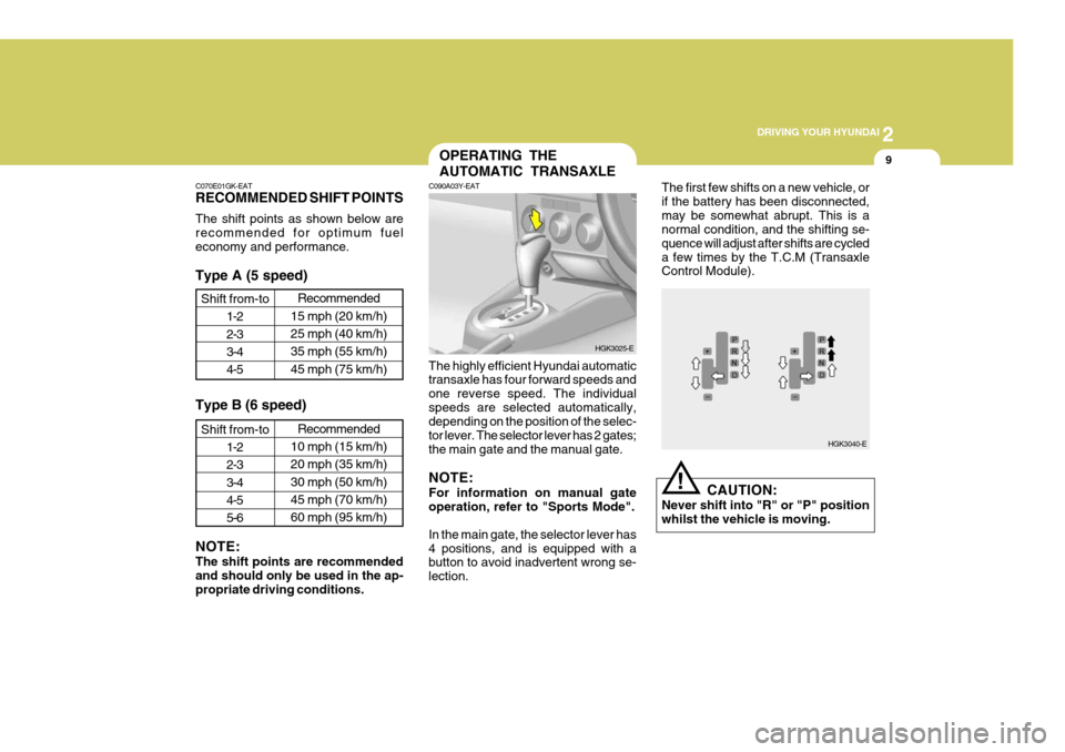 Hyundai Coupe 2008  Owners Manual 2
 DRIVING YOUR HYUNDAI
9
C090A03Y-EAT OPERATING THE AUTOMATIC TRANSAXLE
The highly efficient Hyundai automatic transaxle has four forward speeds and one reverse speed. The individualspeeds are select