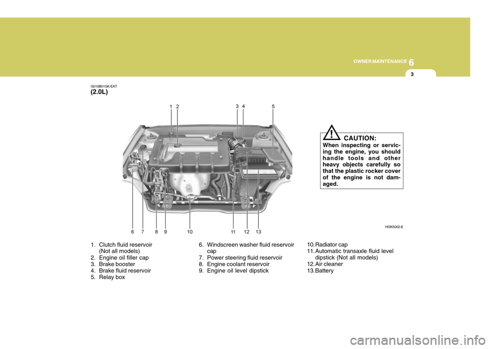 Hyundai Coupe 2008 Owners Manual 6
OWNER MAINTENANCE
3
G010B01GK-EAT
(2.0L)
1. Clutch fluid reservoir (Not all models)
2. Engine oil filler cap
3. Brake booster
4. Brake fluid reservoir
5. Relay box 6. Windscreen washer fluid rese Hyundai Coupe 2008 Owners Manual 6
OWNER MAINTENANCE
3
G010B01GK-EAT
(2.0L)
1. Clutch fluid reservoir (Not all models)
2. Engine oil filler cap
3. Brake booster
4. Brake fluid reservoir
5. Relay box 6. Windscreen washer fluid rese
