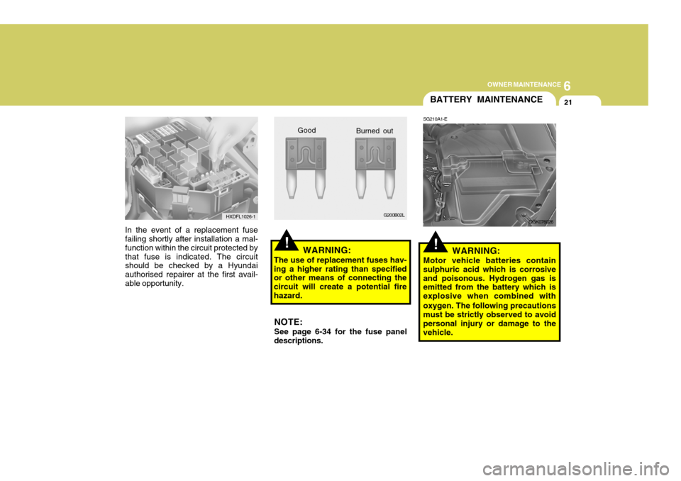 Hyundai Coupe 2008  Owners Manual 6
OWNER MAINTENANCE
21
!
In the event of a replacement fuse failing shortly after installation a mal- function within the circuit protected bythat fuse is indicated. The circuit should be checked by a