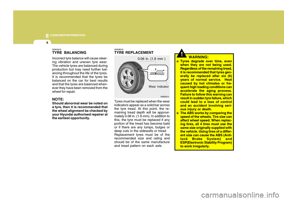 Hyundai Coupe 2008 Owners Manual 8CONSUMER INFORMATION
6
SI060B3-E
TYRE REPLACEMENT
Tyres must be replaced when the wear
indicators appear as a solid bar across the tyre tread. At this point, the re- maining tread depth will be appro Hyundai Coupe 2008 Owners Manual 8CONSUMER INFORMATION
6
SI060B3-E
TYRE REPLACEMENT
Tyres must be replaced when the wear
indicators appear as a solid bar across the tyre tread. At this point, the re- maining tread depth will be appro