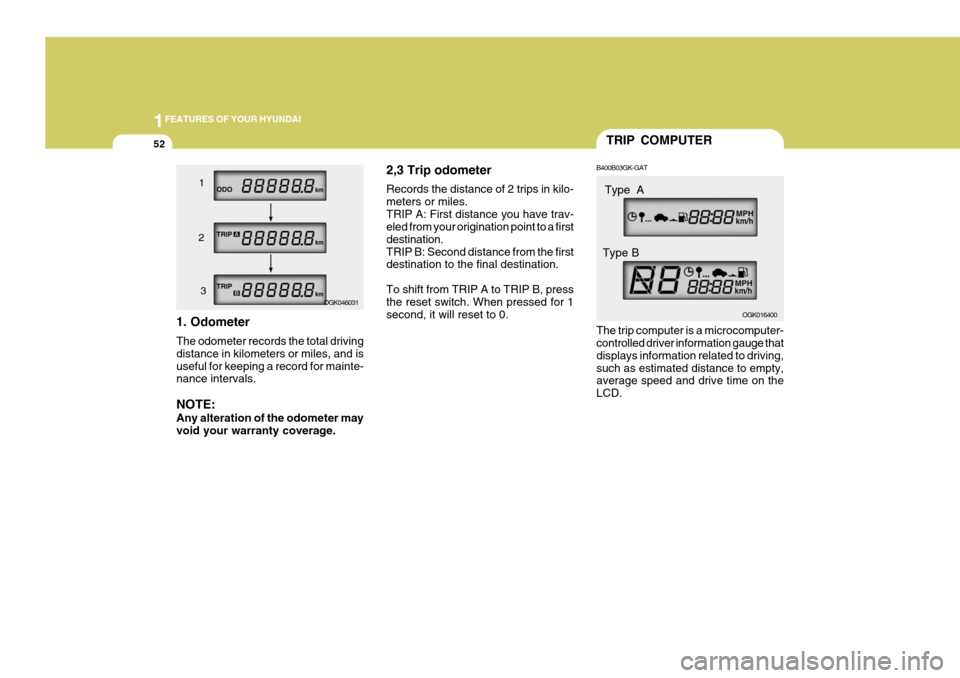 Hyundai Coupe 2008 Repair Manual 1FEATURES OF YOUR HYUNDAI
52TRIP COMPUTER
B400B03GK-GAT The trip computer is a microcomputer- controlled driver information gauge that displays information related to driving,such as estimated distanc