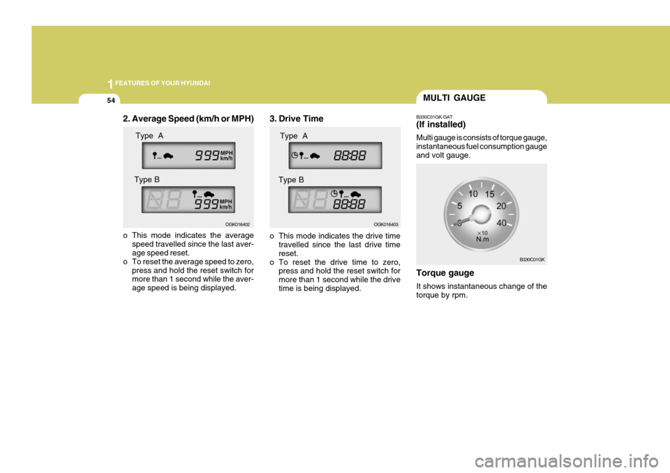 Hyundai Coupe 2008  Owners Manual 1FEATURES OF YOUR HYUNDAI
54MULTI GAUGE
B330C01GK-GAT (If installed) Multi gauge is consists of torque gauge, instantaneous fuel consumption gaugeand volt gauge. Torque gauge It shows instantaneous ch