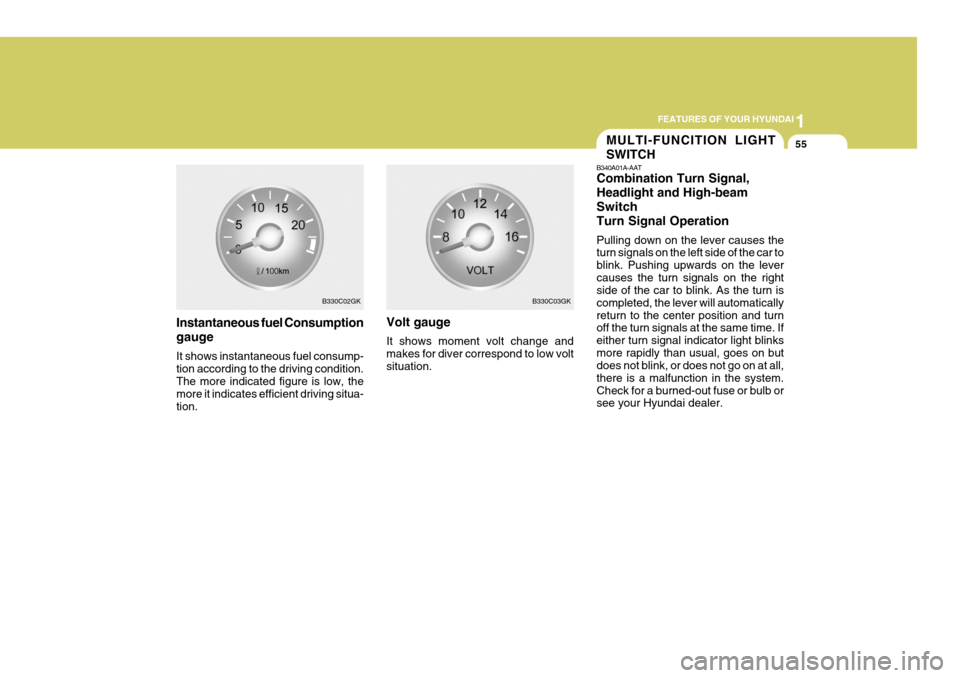 Hyundai Coupe 2008 Repair Manual 1
FEATURES OF YOUR HYUNDAI
55
Instantaneous fuel Consumption gauge It shows instantaneous fuel consump- tion according to the driving condition. The more indicated figure is low, the more it indicates