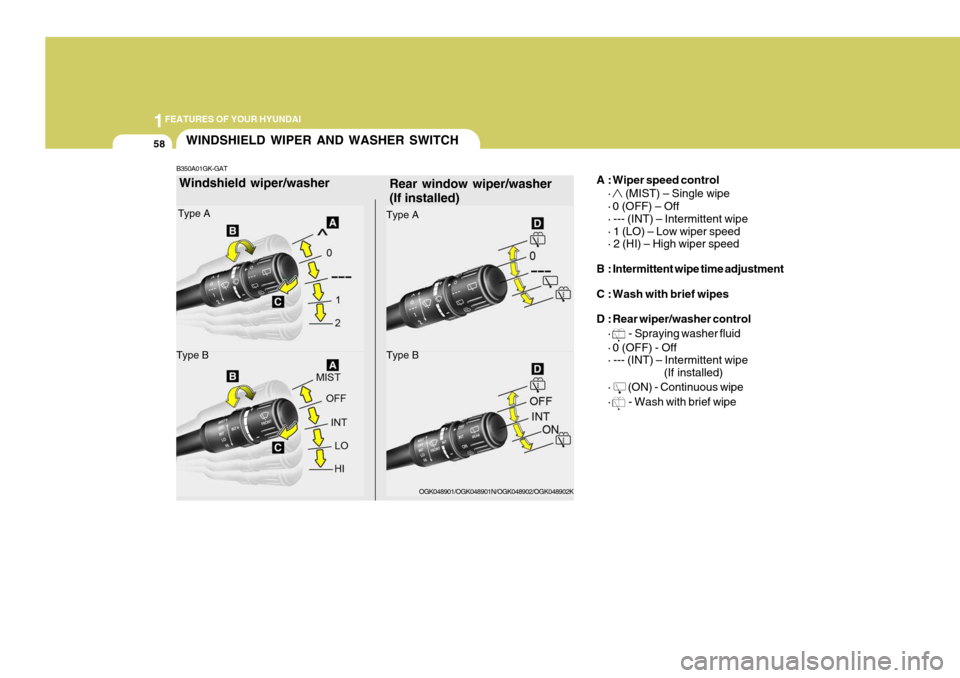 Hyundai Coupe 2008 Repair Manual 1FEATURES OF YOUR HYUNDAI
58WINDSHIELD WIPER AND WASHER SWITCH
A : Wiper speed control
·
 (MIST) – Single wipe
· 0 (OFF) – Off · --- (INT) – Intermittent wipe· 1 (LO) – Low wiper speed · 