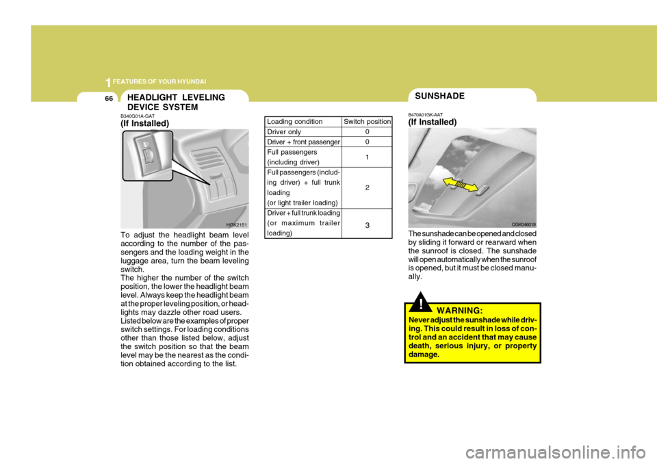 Hyundai Coupe 2008 Owners Manual 1FEATURES OF YOUR HYUNDAI
66SUNSHADE
B470A01GK-AAT (If Installed) The sunshade can be opened and closed by sliding it forward or rearward when the sunroof is closed. The sunshadewill open automaticall Hyundai Coupe 2008 Owners Manual 1FEATURES OF YOUR HYUNDAI
66SUNSHADE
B470A01GK-AAT (If Installed) The sunshade can be opened and closed by sliding it forward or rearward when the sunroof is closed. The sunshadewill open automaticall