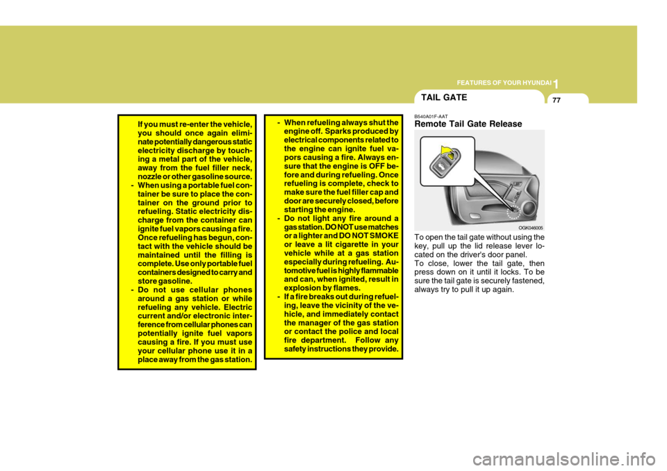 Hyundai Coupe 2008  Owners Manual 1
FEATURES OF YOUR HYUNDAI
77
If you must re-enter the vehicle, you should once again elimi- nate potentially dangerous staticelectricity discharge by touch- ing a metal part of the vehicle, away from