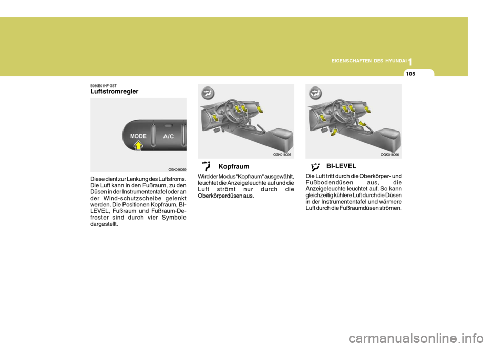 Hyundai Coupe 2008 Betriebsanleitung (in German) 1
EIGENSCHAFTEN DES HYUNDAI
105
B980E01NF-GST Luftstromregler
Diese dient zur Lenkung des Luftstroms. Die Luft kann in den Fußraum, zu den Düsen in der Instrumententafel oder ander Wind-schutzscheib Hyundai Coupe 2008 Betriebsanleitung (in German) 1
EIGENSCHAFTEN DES HYUNDAI
105
B980E01NF-GST Luftstromregler
Diese dient zur Lenkung des Luftstroms. Die Luft kann in den Fußraum, zu den Düsen in der Instrumententafel oder ander Wind-schutzscheib