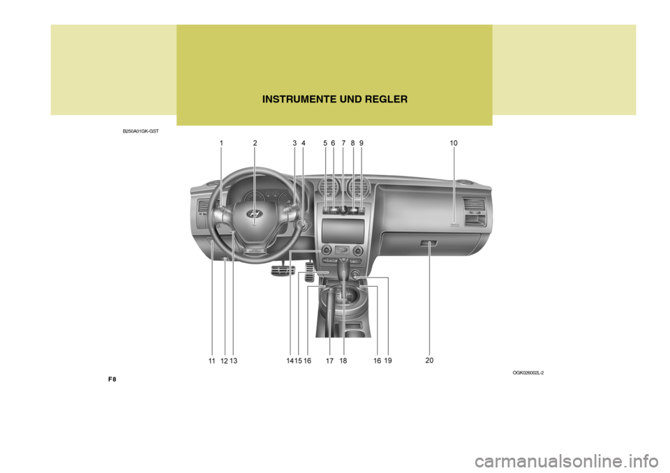 Hyundai Coupe 2008  Betriebsanleitung (in German) F8INSTRUMENTE UND REGLER
B250A01GK-GST
OGK026002L-2  