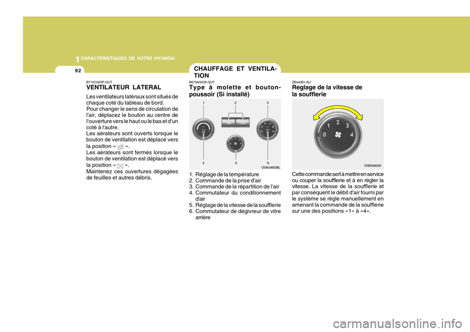 Hyundai Coupe 2008  Manuel du propriétaire (in French) 1CARACTÉRISTIQUES DE VOTRE HYUNDAI
92CHAUFFAGE ET VENTILA- TION
B670A02GK-GUT Type à molette et bouton- poussoir (Si installé) 
1. Réglage de la température 
2. Commande de la prise dair 
3. Com