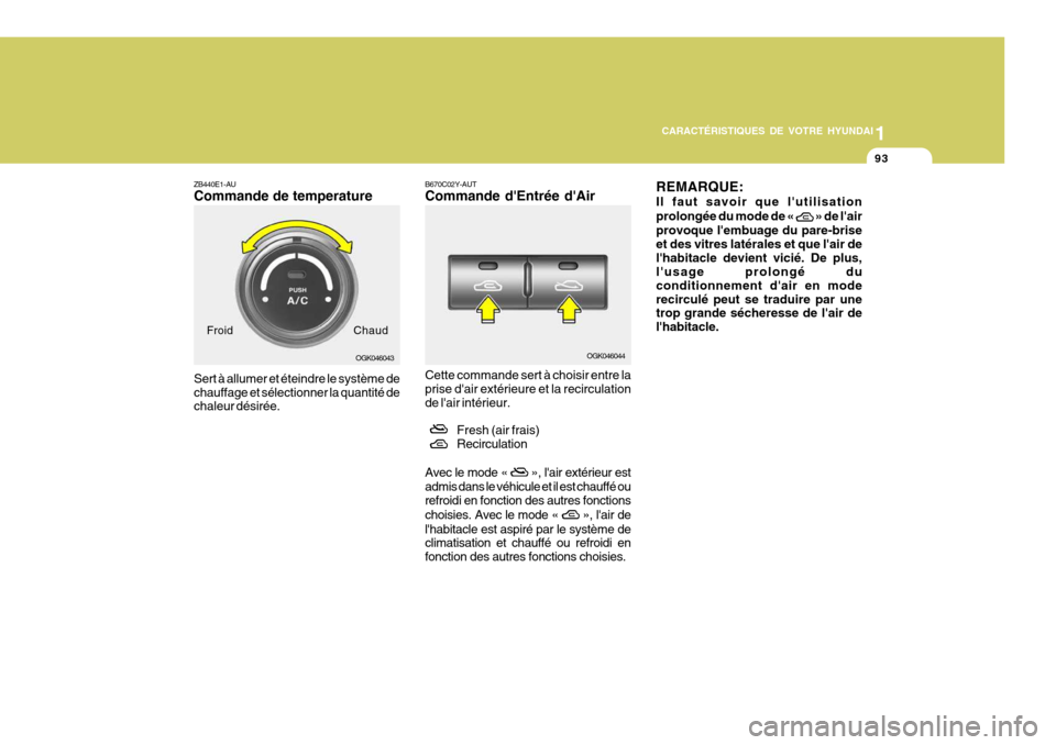 Hyundai Coupe 2008  Manuel du propriétaire (in French) 1
CARACTÉRISTIQUES DE VOTRE HYUNDAI
93
B670C02Y-AUT Commande dEntrée dAir
OGK046044ZB440E1-AU Commande de temperature Sert à allumer et éteindre le système de chauffage et sélectionner la quan